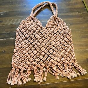 Crochet Boho Tote Handbag Rose Blush Pink Mauve Fringe Babe Reversible